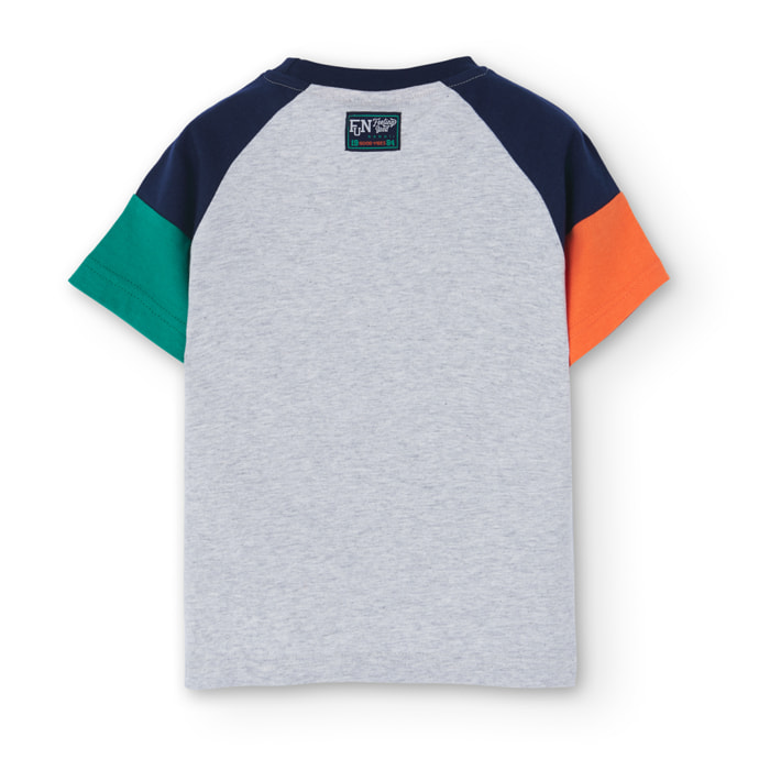 Camiseta larga niÃ±o estampada, cuello redondo, gris vigorÃ©