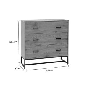 Commode 3 tiroirs finition bois clair chêne et métal noir L100 cm LOVATO