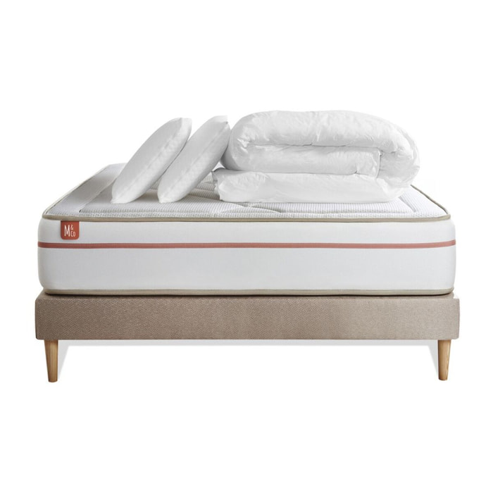 Pack Matelas Le Paisible - 24cm - Mémoire de forme - Matériaux éco-responsable - Sommier kit Beige - Avec couette et oreillers