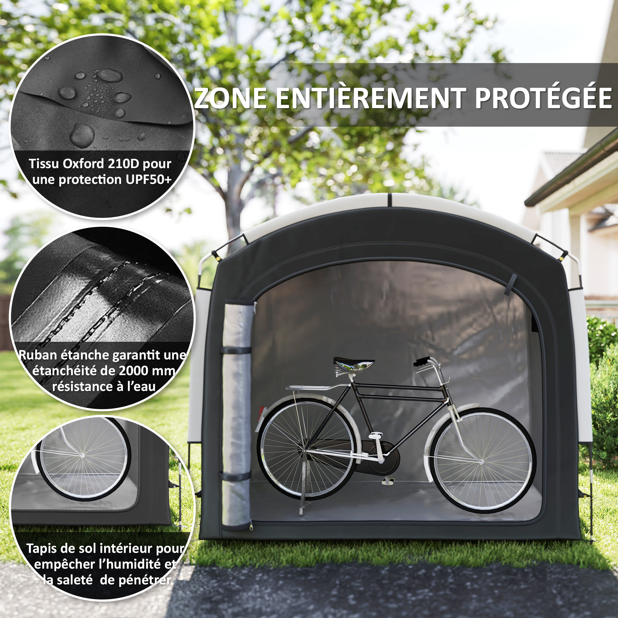 Abri vélo - tente vélo - tente de rangement extérieur - dim. 205 x 140 x 188 cm - fibre de verre oxford noir