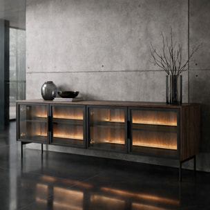 Mobile Porta TV Con 4 Ante In Vetro Temperato E Luce Led Integrata Ampio Spazio Design Elegante Moderno Soggiorno Camera 181.3 x 39.3 x 61.6 cm Rovere scuro