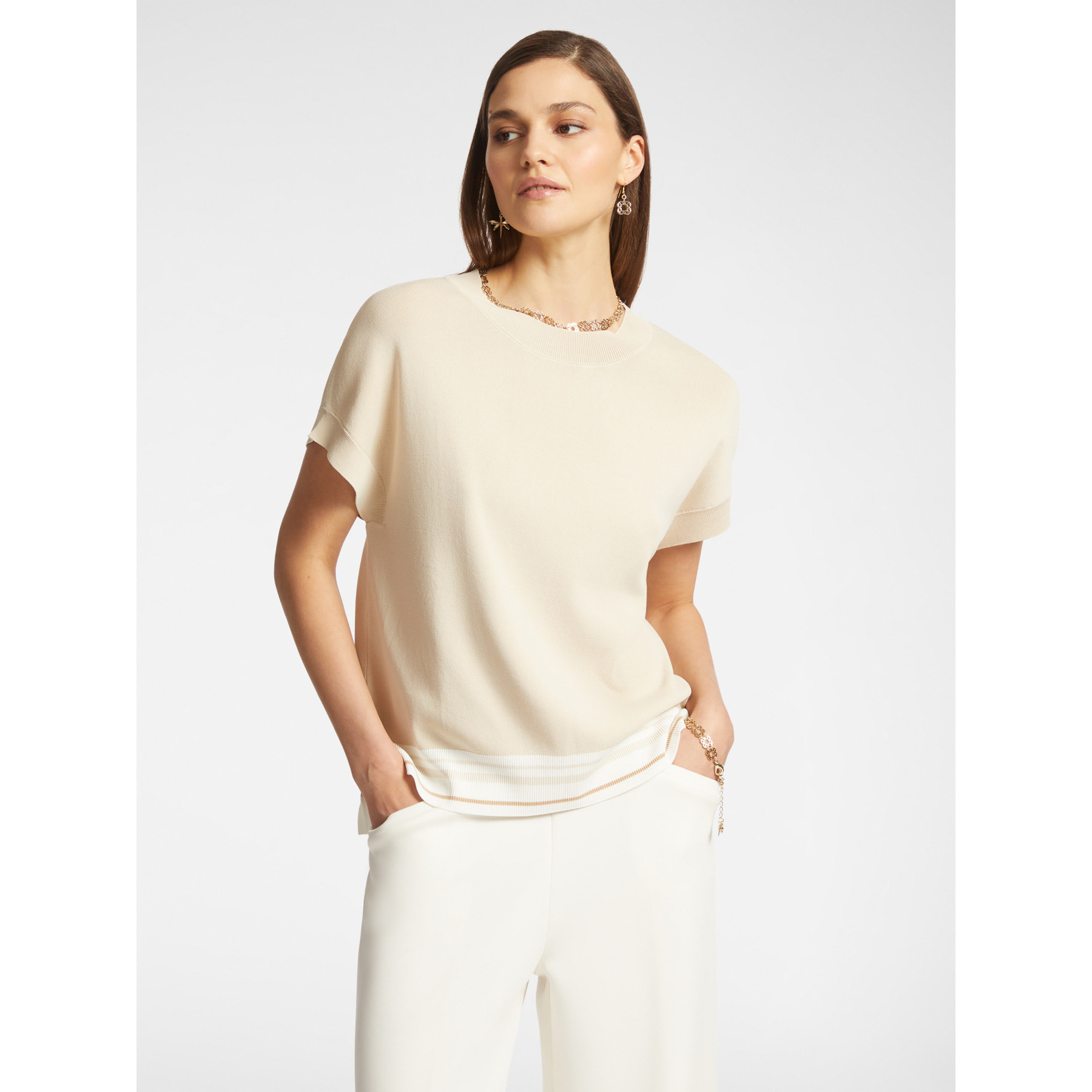 Elena Mirò - Camisa de manga corta con borde de rayas - Beige