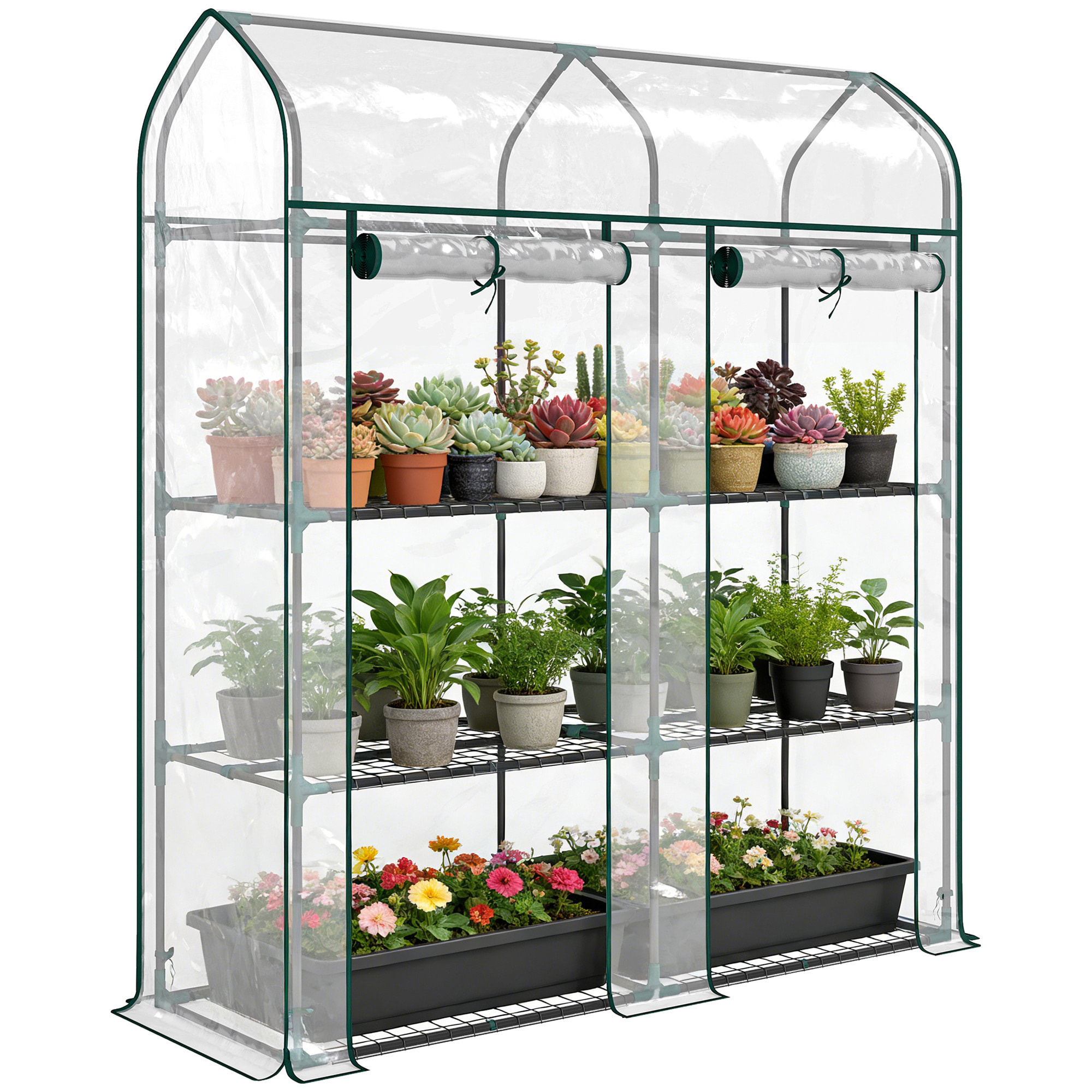 Invernadero Pequeño de 3 Niveles, Invernadero de Exterior con 2 Puertas Enrollables, Marco de Acero y Cubierta de Plástico Anti-UV para Cultivar Plantas, Flores, 143x46x165 cm, Transparente