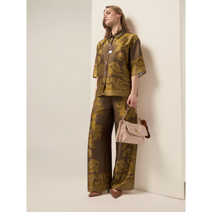 Oltre - Pantalones palazzo de satén estampado - Marrón