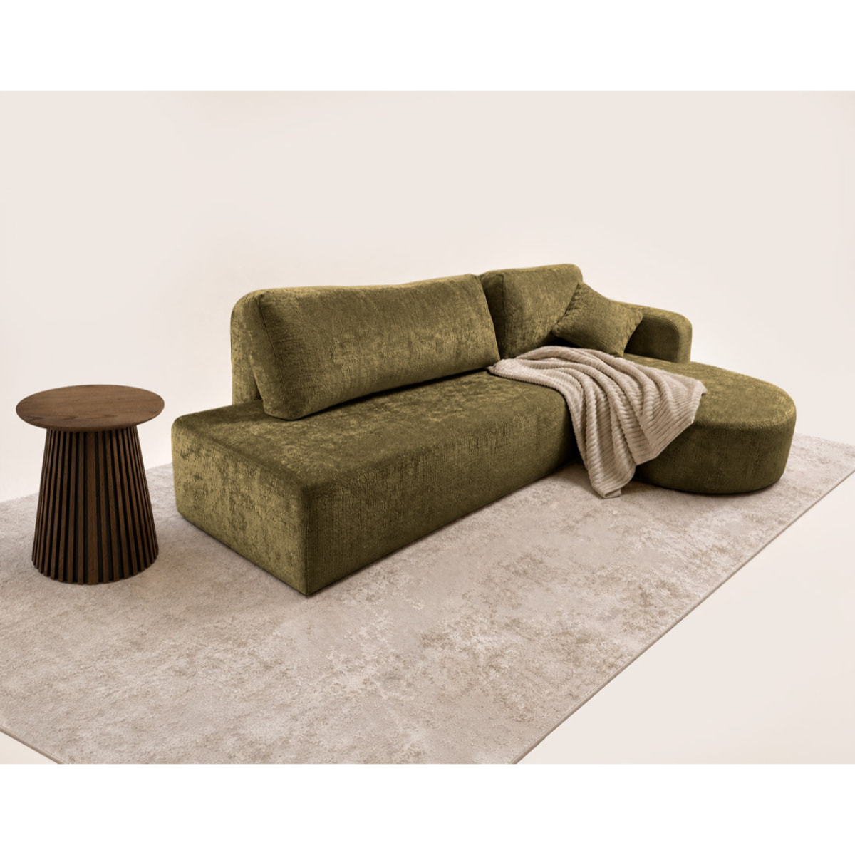 Miro - Canapé d'angle droit 4 places convertible avec coffre en velours texturé - Vert Olive