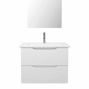 Meuble salle de bain 60cm suspendu 2 tiroirs Blanc Laque poignees integrees vasque et miroir - MILA