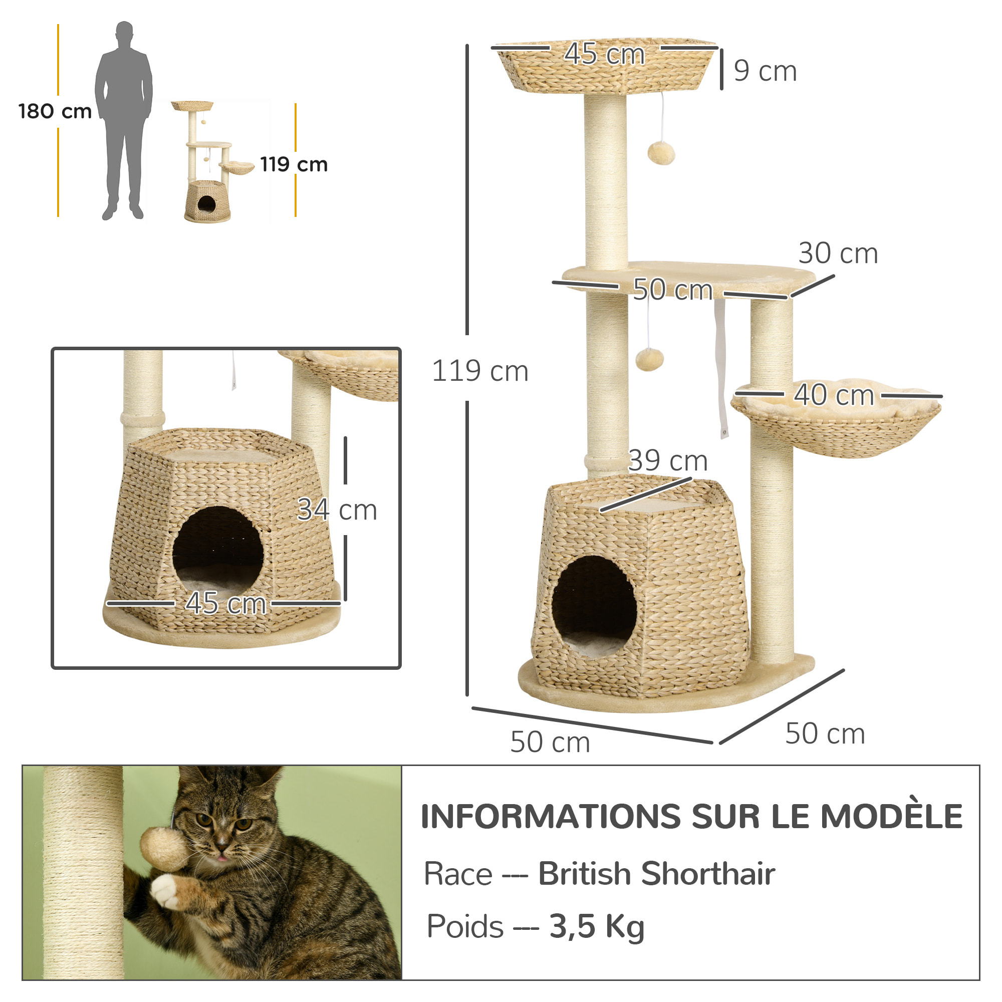 Arbre à chat style cosy chic griffoirs sisal naturel niche 2 paniers avec coussins plateforme 2 boules suspendues quenouille peluche courte crème beige