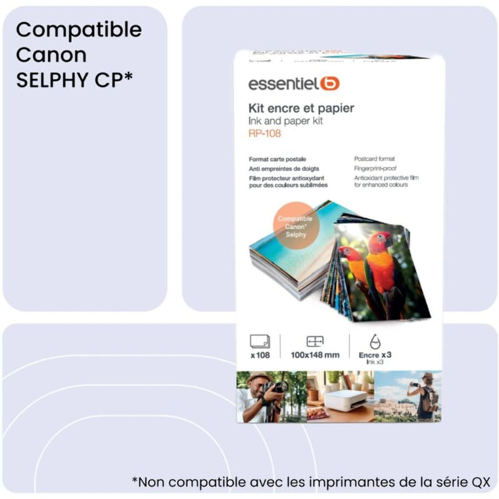 Kit papier + encre ESSENTIELB compatible Canon Selphy KP-108 tirages