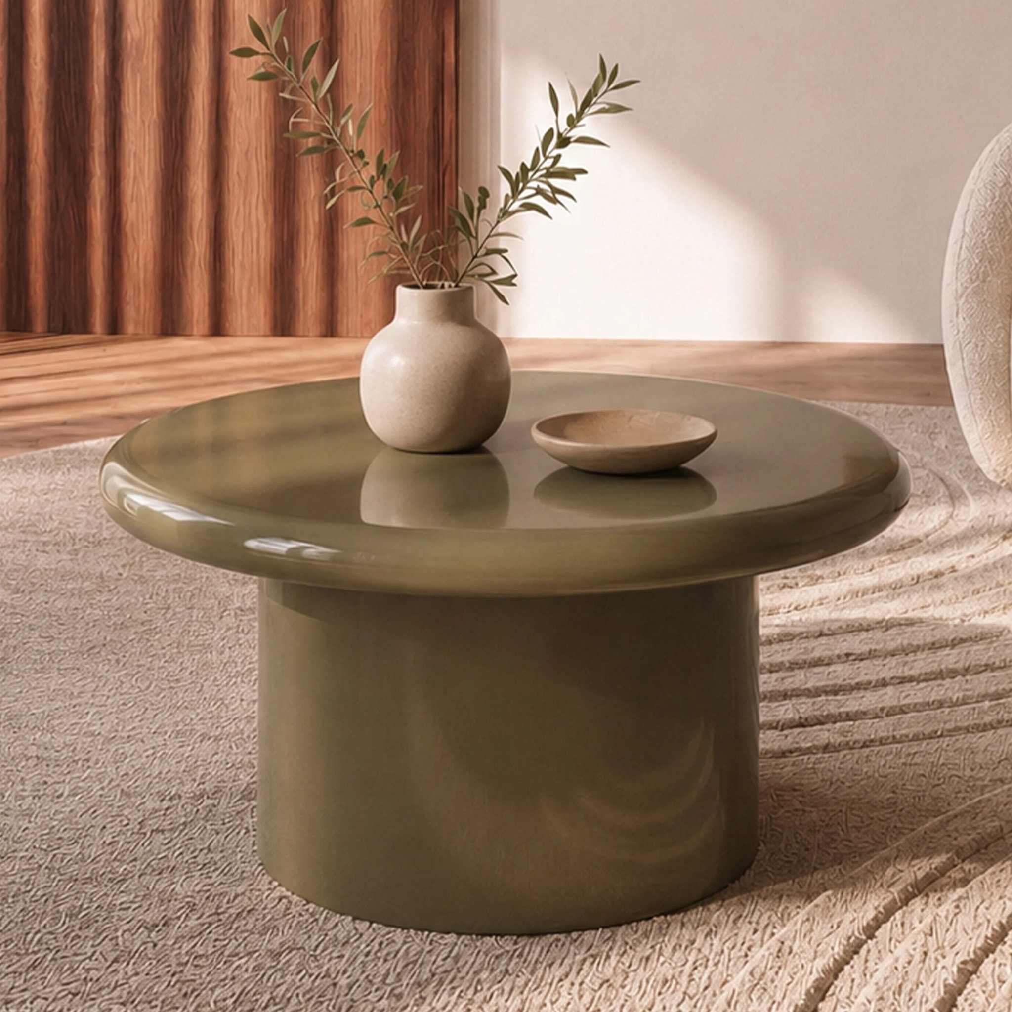 Table basse laquée vert kaki en MDF, D80 cm - Apoline