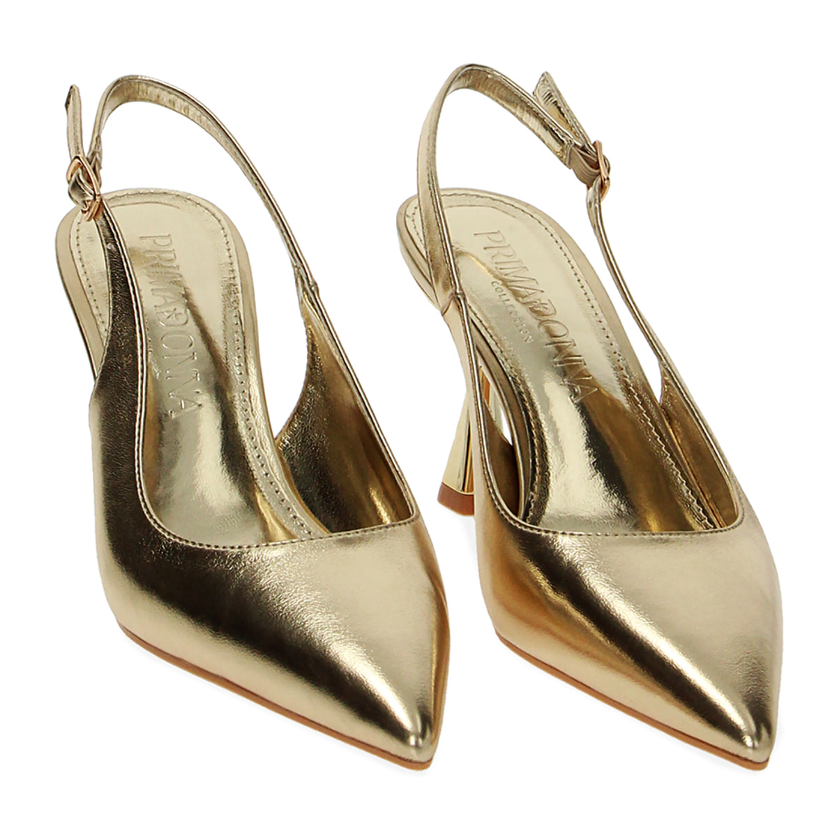 Décolleté slingback oro laminate, tacco 8 cm