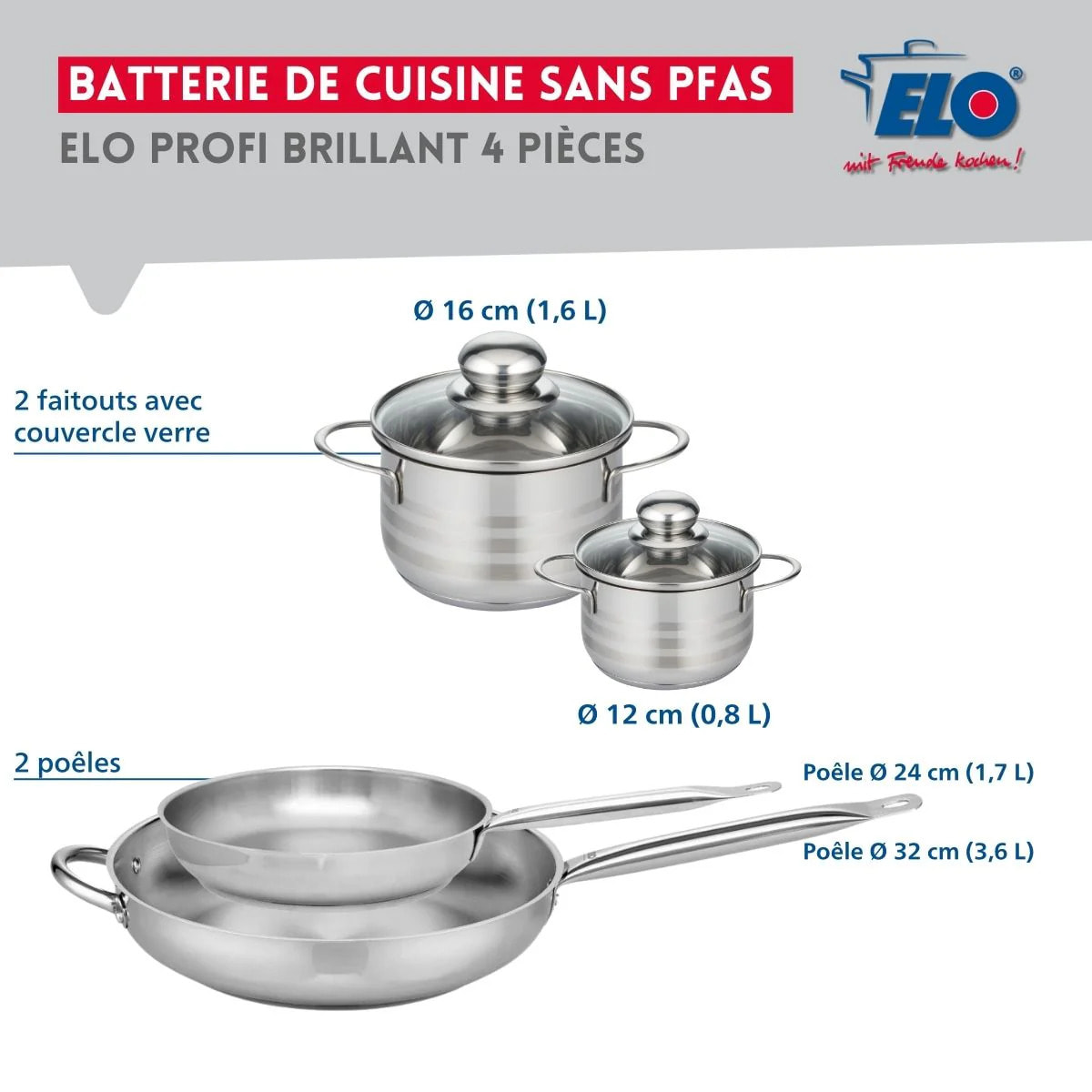 Ensemble de 2 Poêles de cuisson 24 et 32 cm et 2 faitouts 12 et 16 cm Elo Profi Brillant