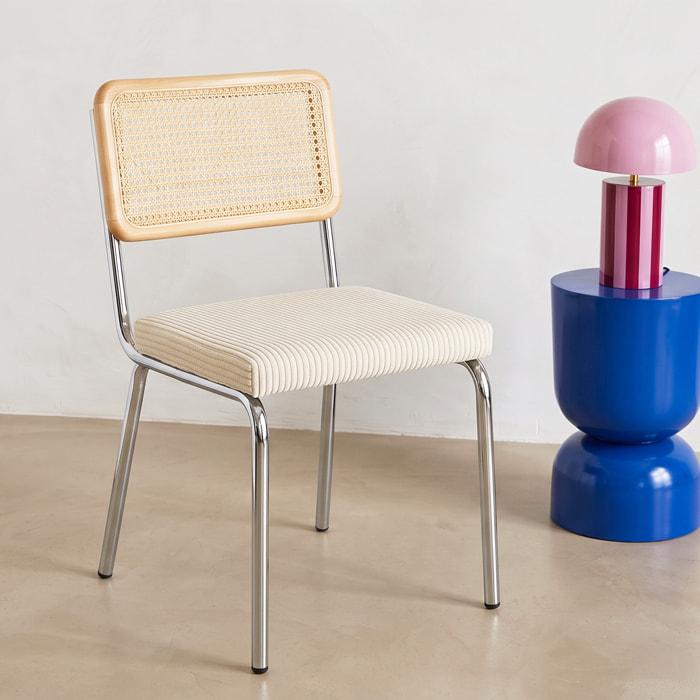 Lot de 2 chaises chromées, cannage et velours côtelé - PAULA
