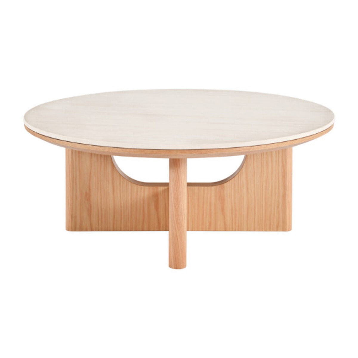 Table basse ronde D.80 cm bois et céramique beige marbré - OAK