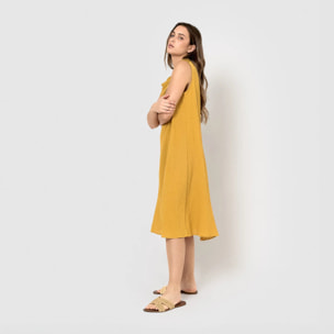 Vestido midi cuello drapeado algodón lino ocre