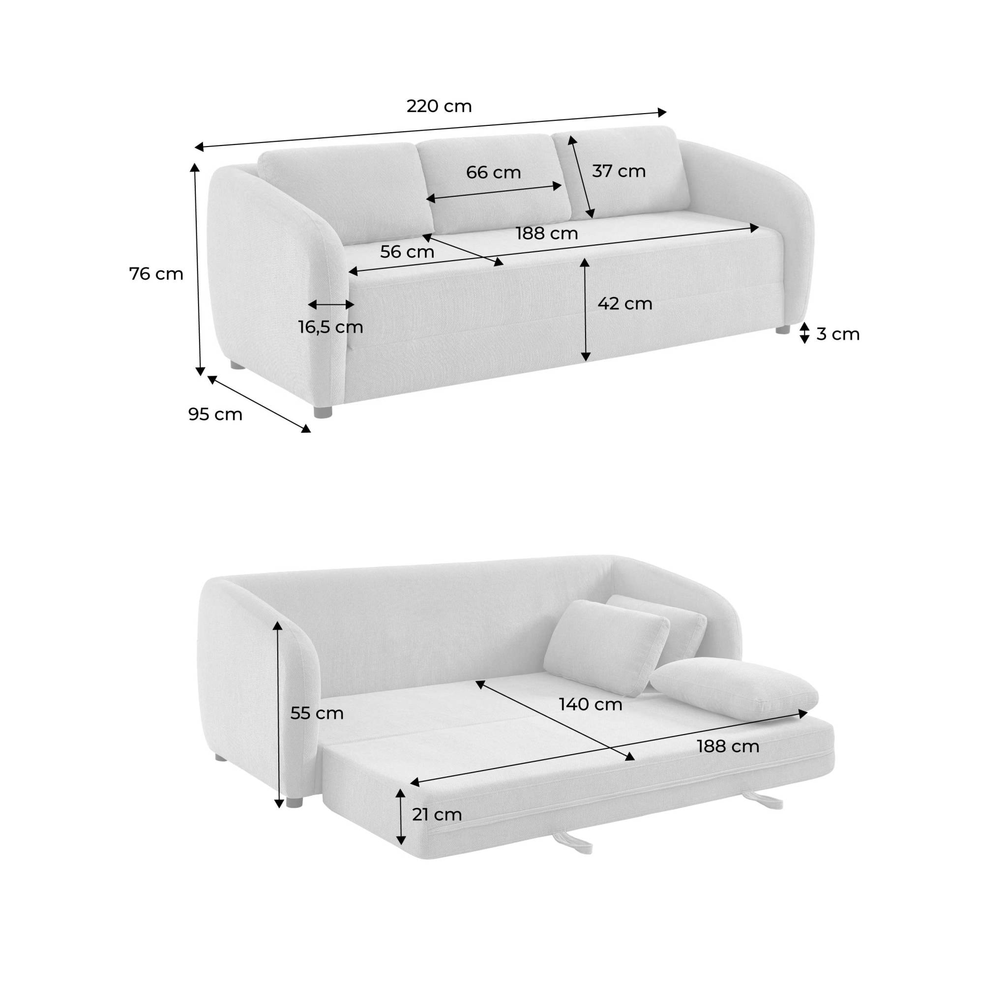 Canapé convertible 3 places tissu chenille gris clair - L 220 x P 95 x H 76cm - Twist