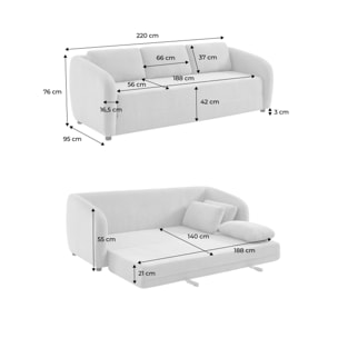 Canapé convertible 3 places tissu chenille gris clair - L 220 x P 95 x H 76cm - Twist