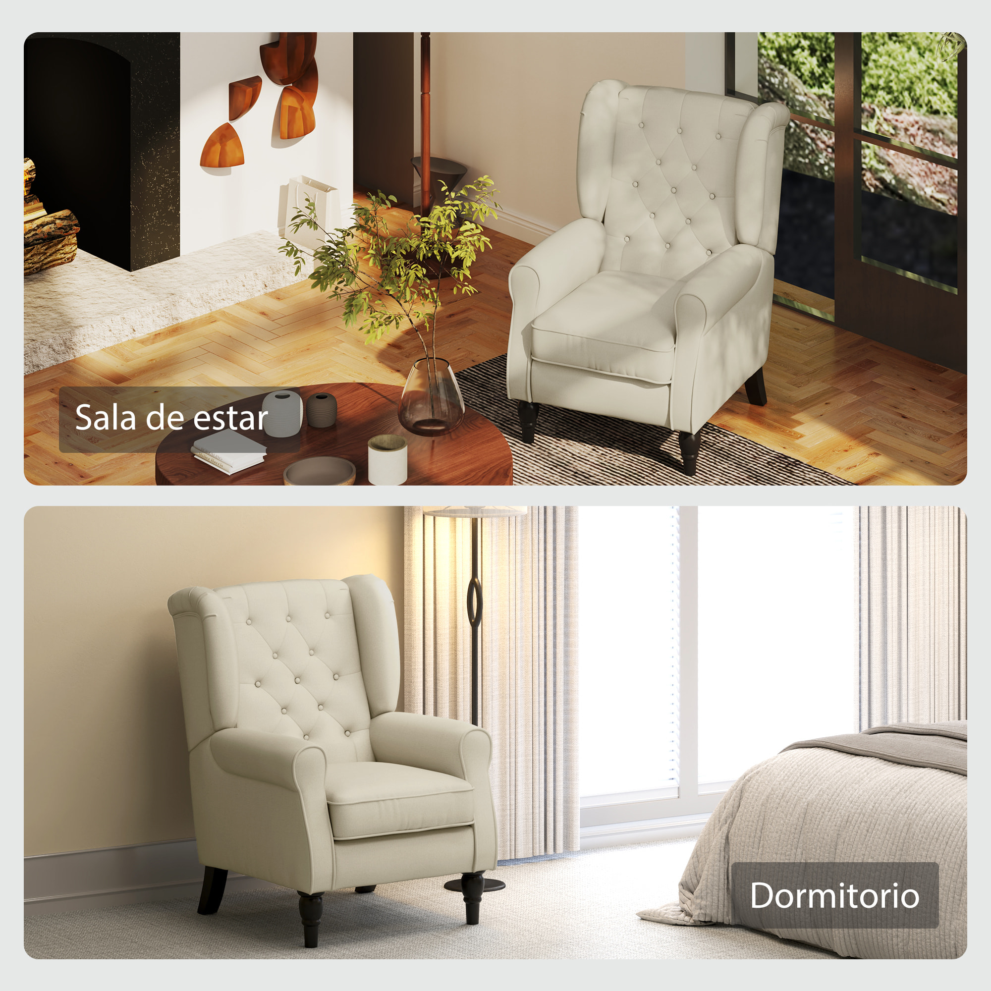 Sillón Orejero Moderno, Butaca de Salón con Reposabrazos y Patas de Madera, Sofá Individual Carga 160 kg para Oficina, Sala de Estar y Dormitorio, Crema