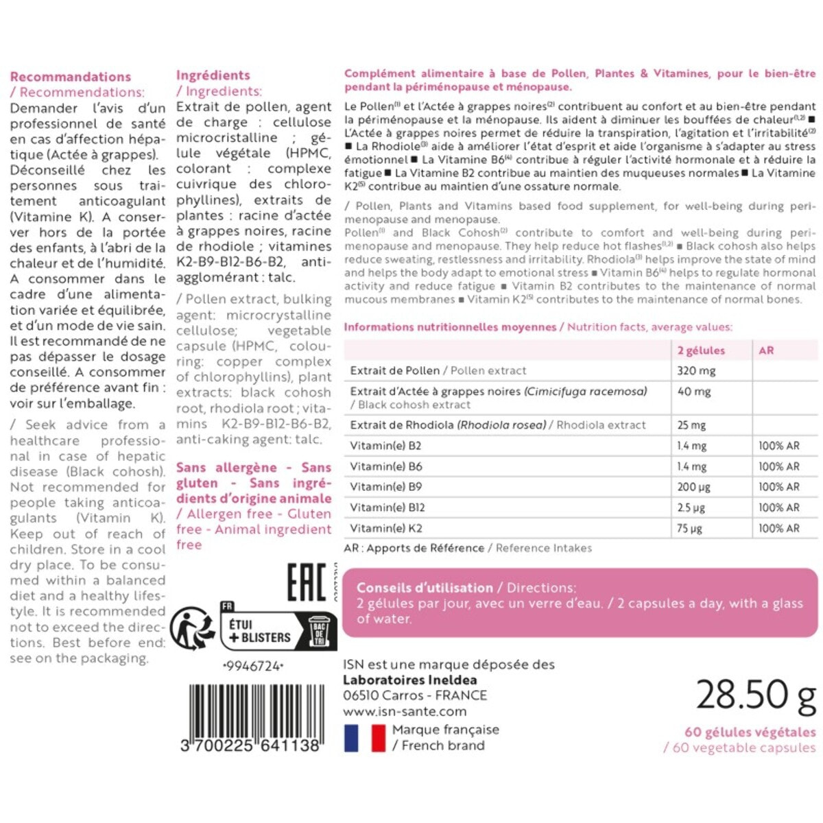 ISN - Menogyne - Ménopause & Préménopause - Limite les bouffées de chaleur & sueurs nocturnes - Rééquilibre l'activité hormonale - Pollen, Rhodiole, Vitamines B6, B9 & B12 - Cure 30 jours