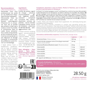 ISN - Menogyne - Ménopause & Préménopause - Limite les bouffées de chaleur & sueurs nocturnes - Rééquilibre l'activité hormonale - Pollen, Rhodiole, Vitamines B6, B9 & B12 - Cure 30 jours