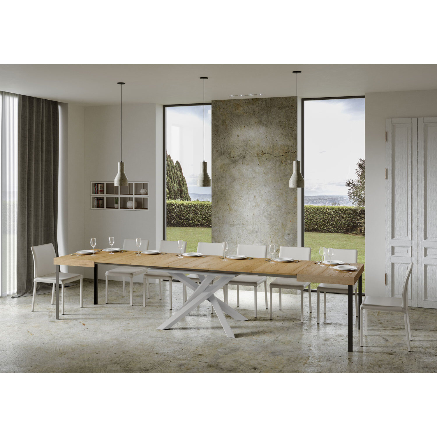 Mesa extensible 90x130/390 cm Volantis Roble Natural estructura blanco