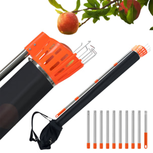 Pametik - Raccoglitore di Frutta Manico Telescopico 4m con Supporto e Borsa in Tessuto Arancione e Nero