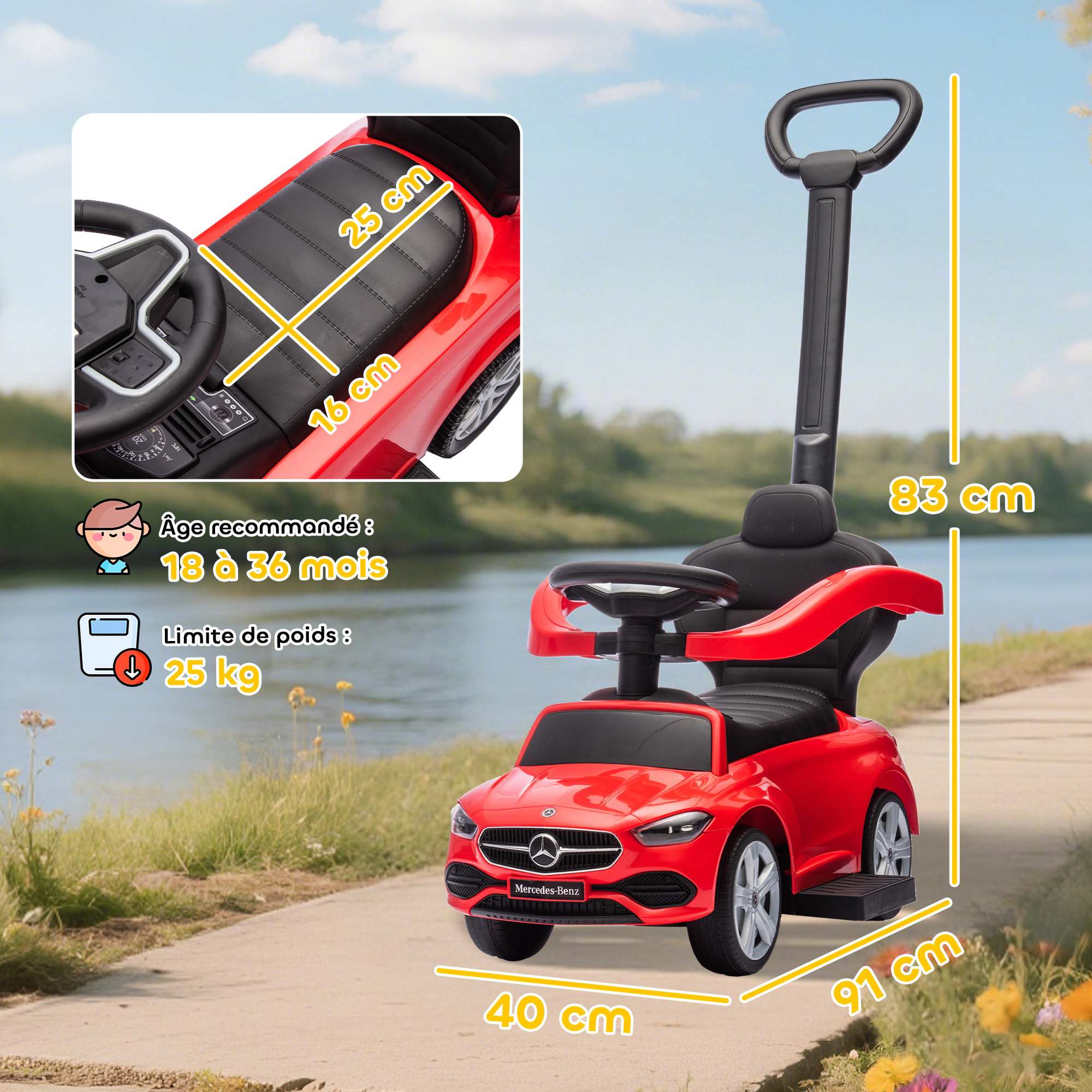 Porteur voiture enfant Mercedes-Benz classe C évolutif 18-36 mois effets sonores rouge