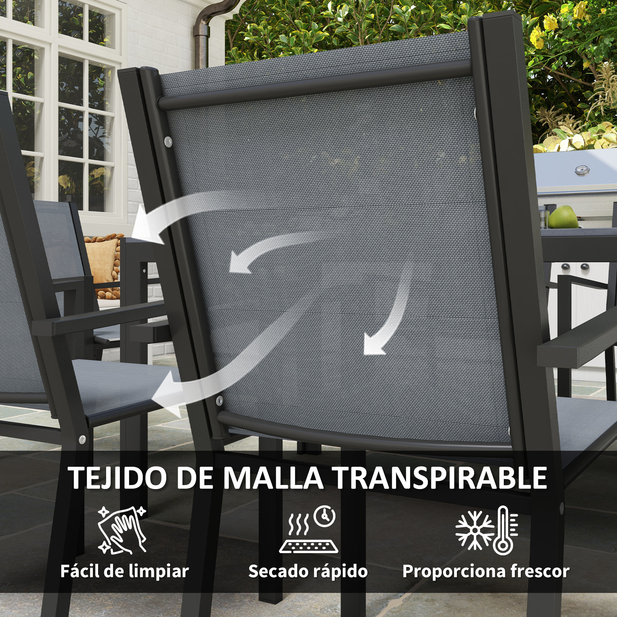 Conjunto de Mesa y Sillas Jardín de 7 Piezas, Muebles de Jardín Exterior con 6 Sillas Apilables y Marco de Acero, para Terraza, Patio, Gris Claro