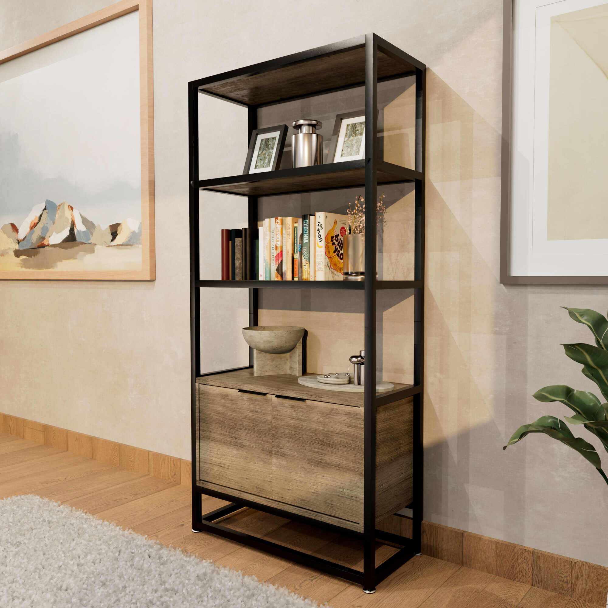 Edo - Scaffale Libreria a Muro 76x162,5x33,5 cm 3 Ripiani con Mobiletto 2 Ante in Legno Bleach Struttura in Metallo Nero