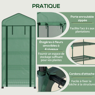Serre de jardin balcon 4 étagères dim. 69 x 50 x 165 cm acier époxy bâche PE zippée haute densité vert