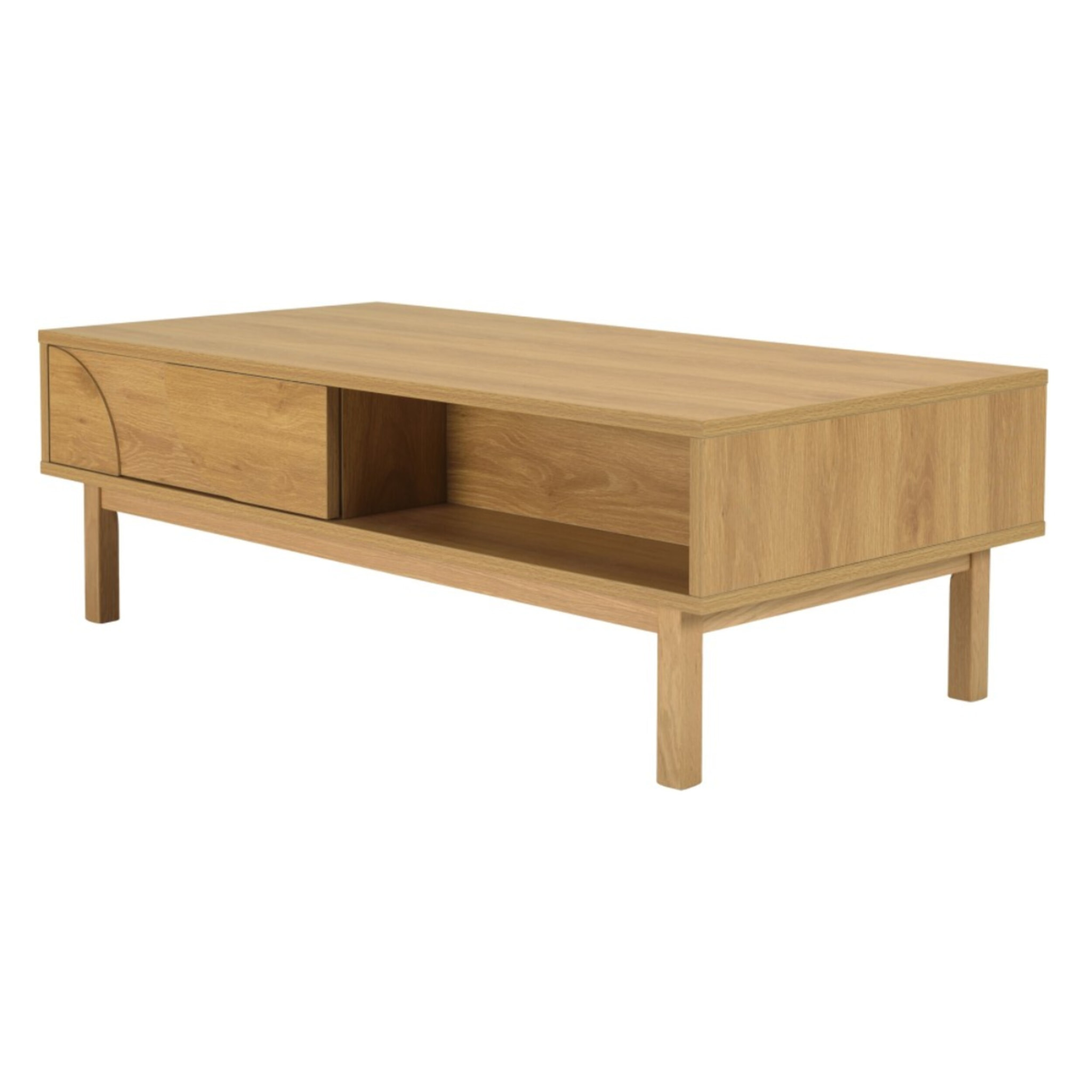 ETHAN - Table basse couleur naturelle 2 tiroirs 2 niches décor motif arrondi
