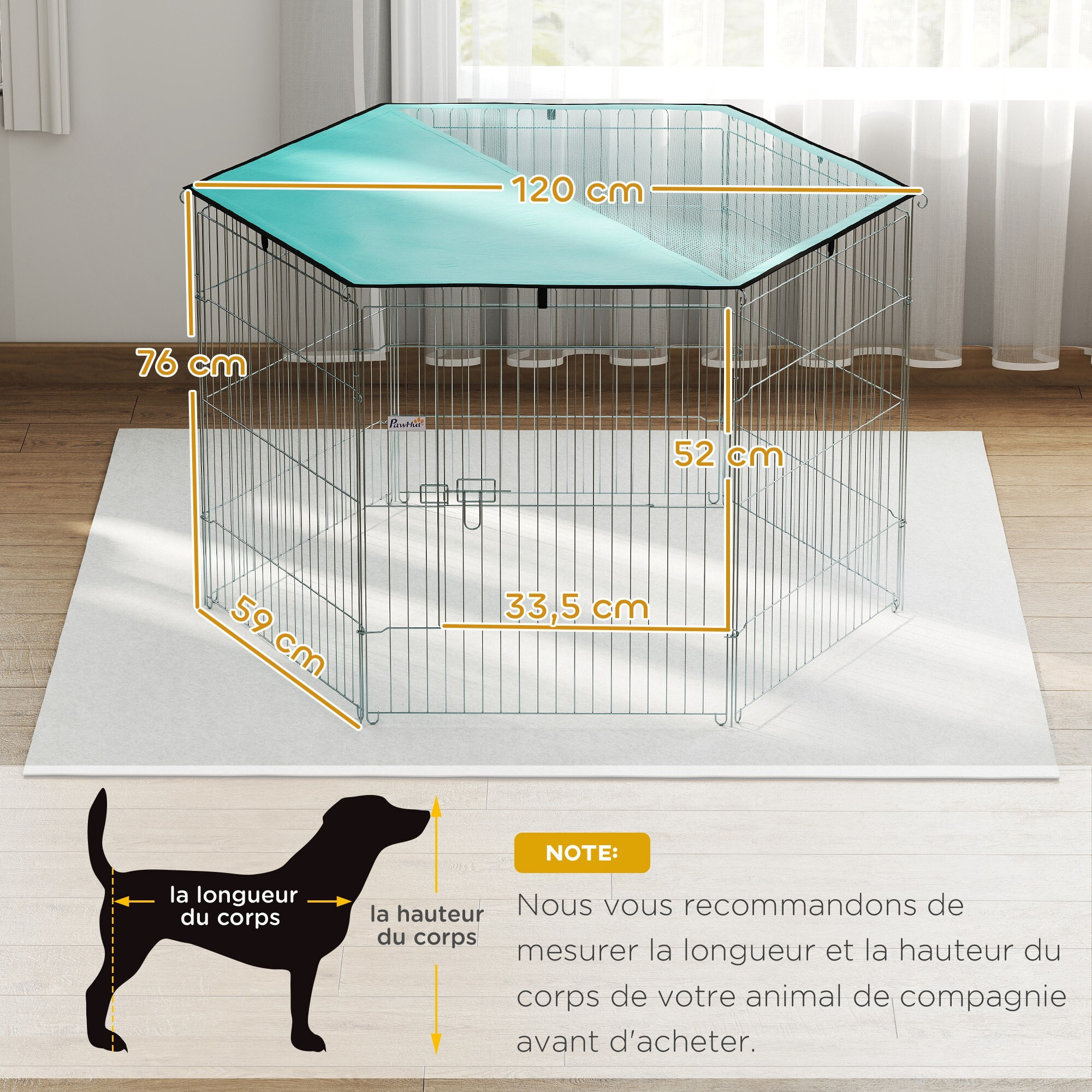 Parc pour chien  6 panneaux - avec toit, modulable et pliable - 76H cm - avec porte - intérieur et extérieur - argent vert