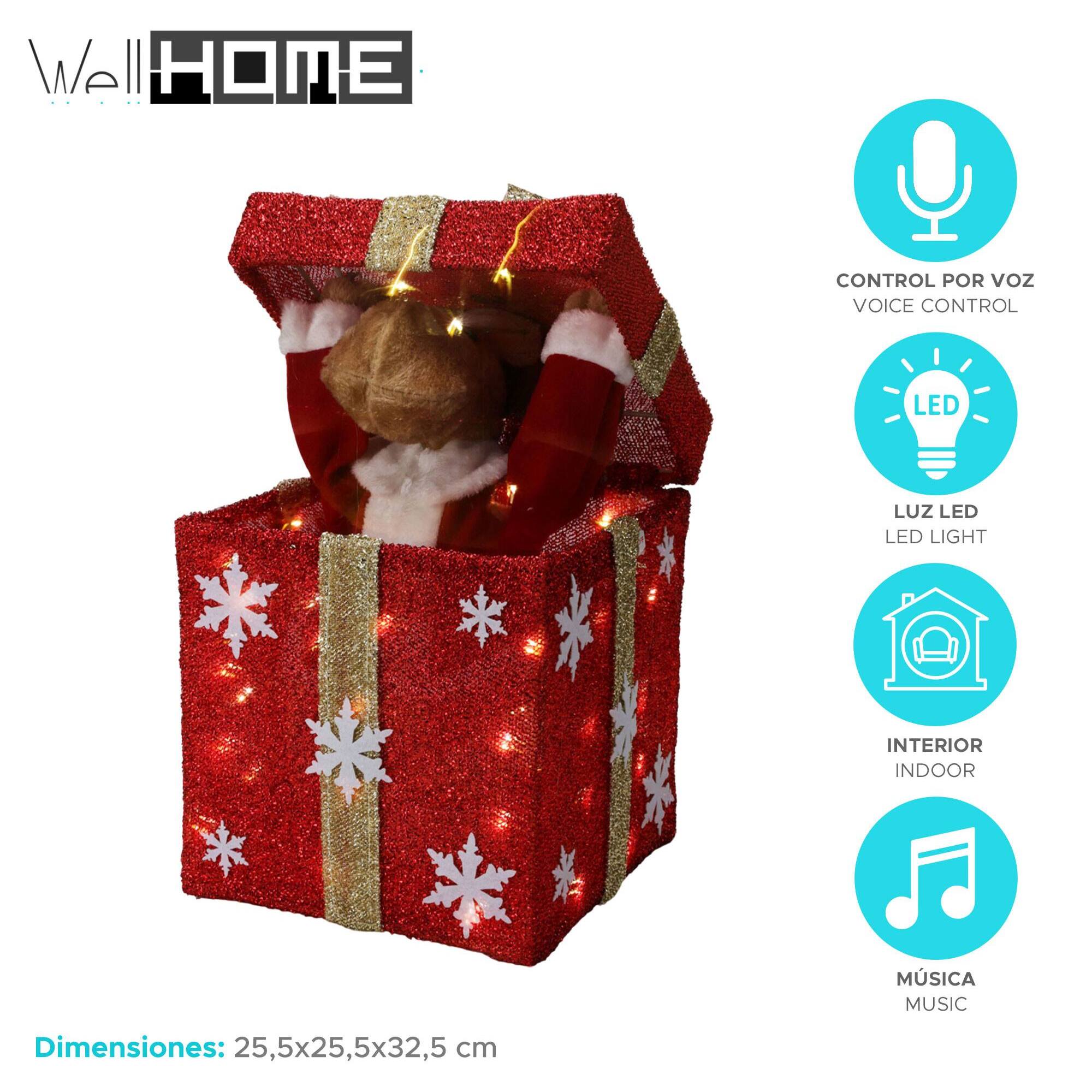 Caja de regalo roja decorativa navideña con música y 50 leds cálidas 25x25x50cm