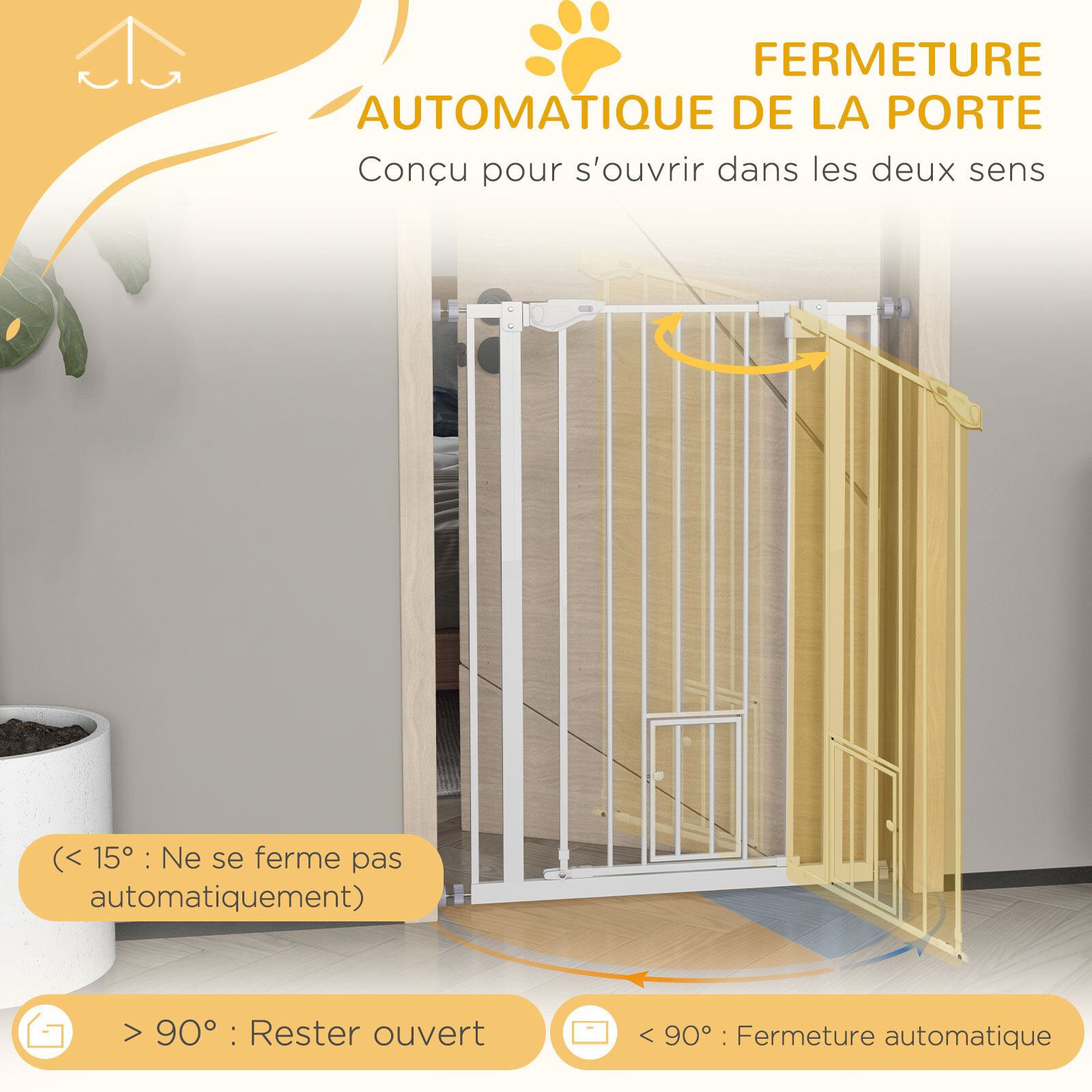 Barrière de sécurité animaux - longueur réglable dim. 74-80 cm - porte double verrouillage, ouverture double sens, petite porte -sans perçage - acier plastique blanc