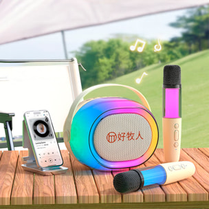 Altoparlante wireless per karaoke con due microfoni. Bluetooth 5.3 e 4 modalità vocali.