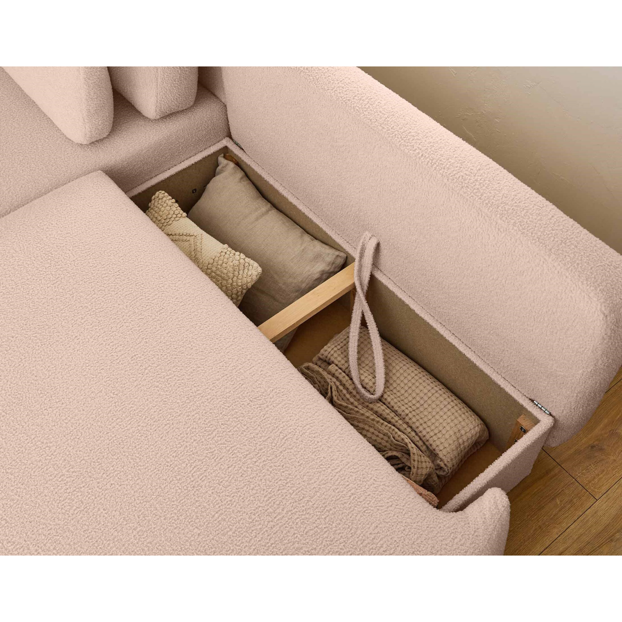 Mahina - canapé d'angle gauche - 4 places - convertible avec coffre - en tissu bouclette - Rose