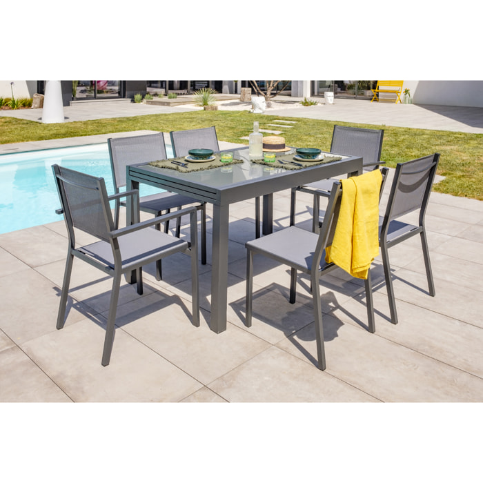 TOLEDE - Ensemble repas 6 places en aluminium anthracite et plateau verre