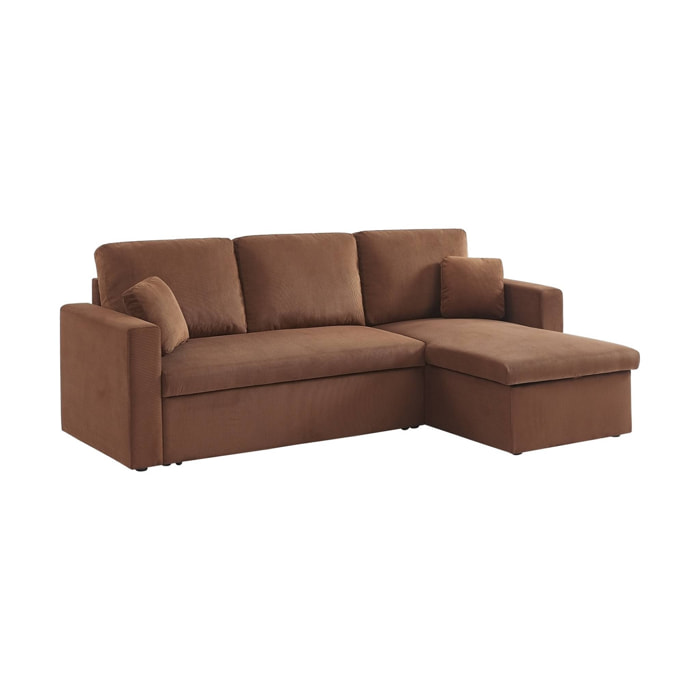 Canapé d'angle convertible en velours côtelé rouille - IDA - 3 places. fauteuil d'angle réversible coffre rangement lit modulable