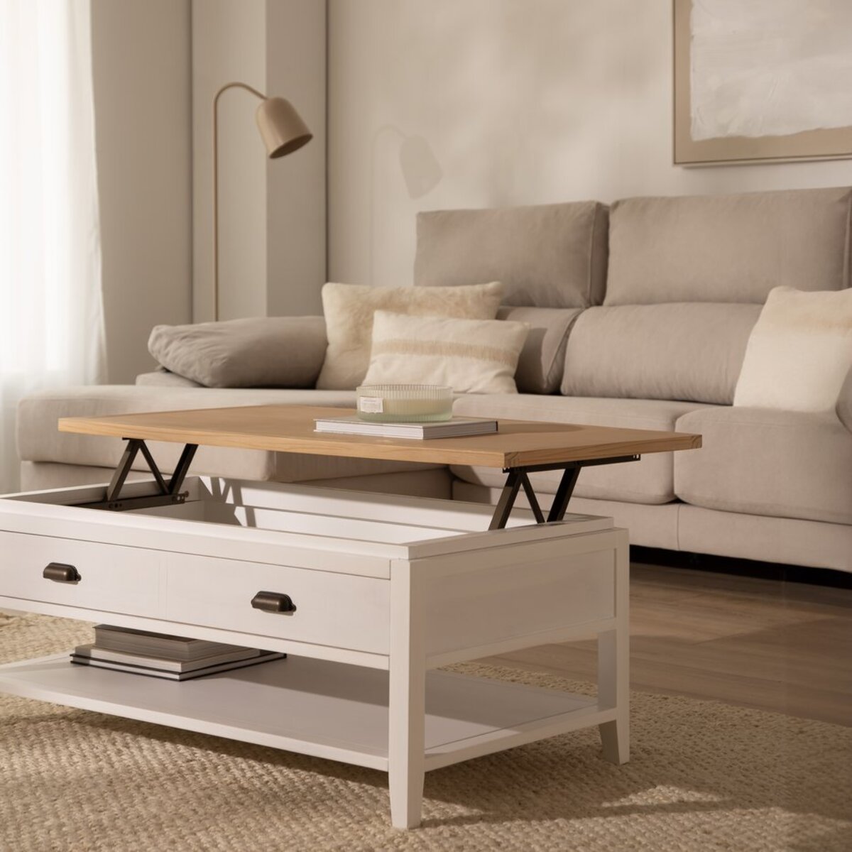 Table basse avec plateau relevable Avelin -bois massif de mindi et placage naturel de mindi-couleur blanc bergen/naturel 110 x 45 x 60 cm