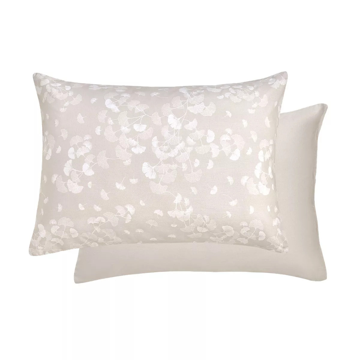 Taie d'oreiller pur coton lavé imprimé beige Souffle de ginkos naturel