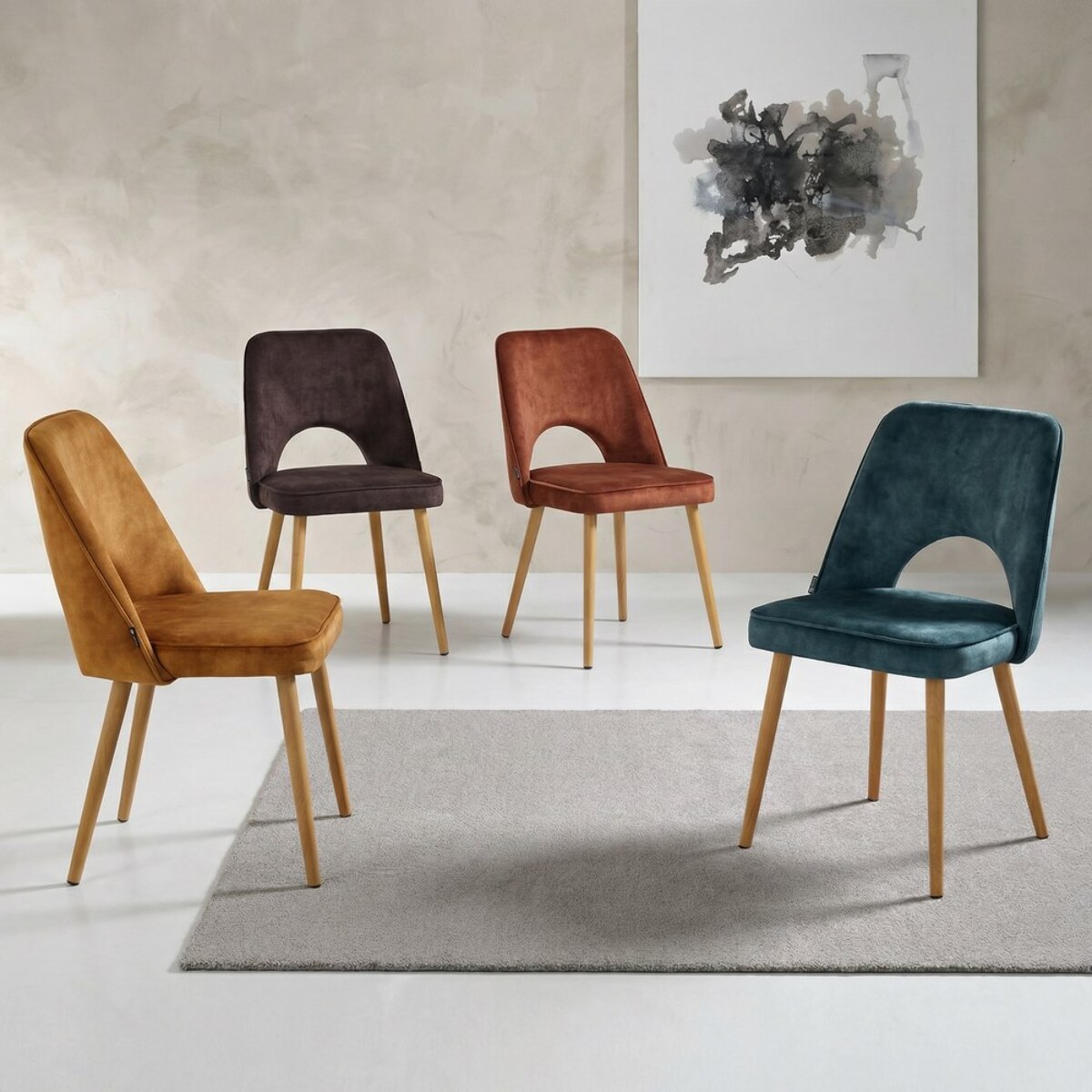 Set 4 sedie sala da pranzo in tessuto effetto velluto color marrone – Oblo