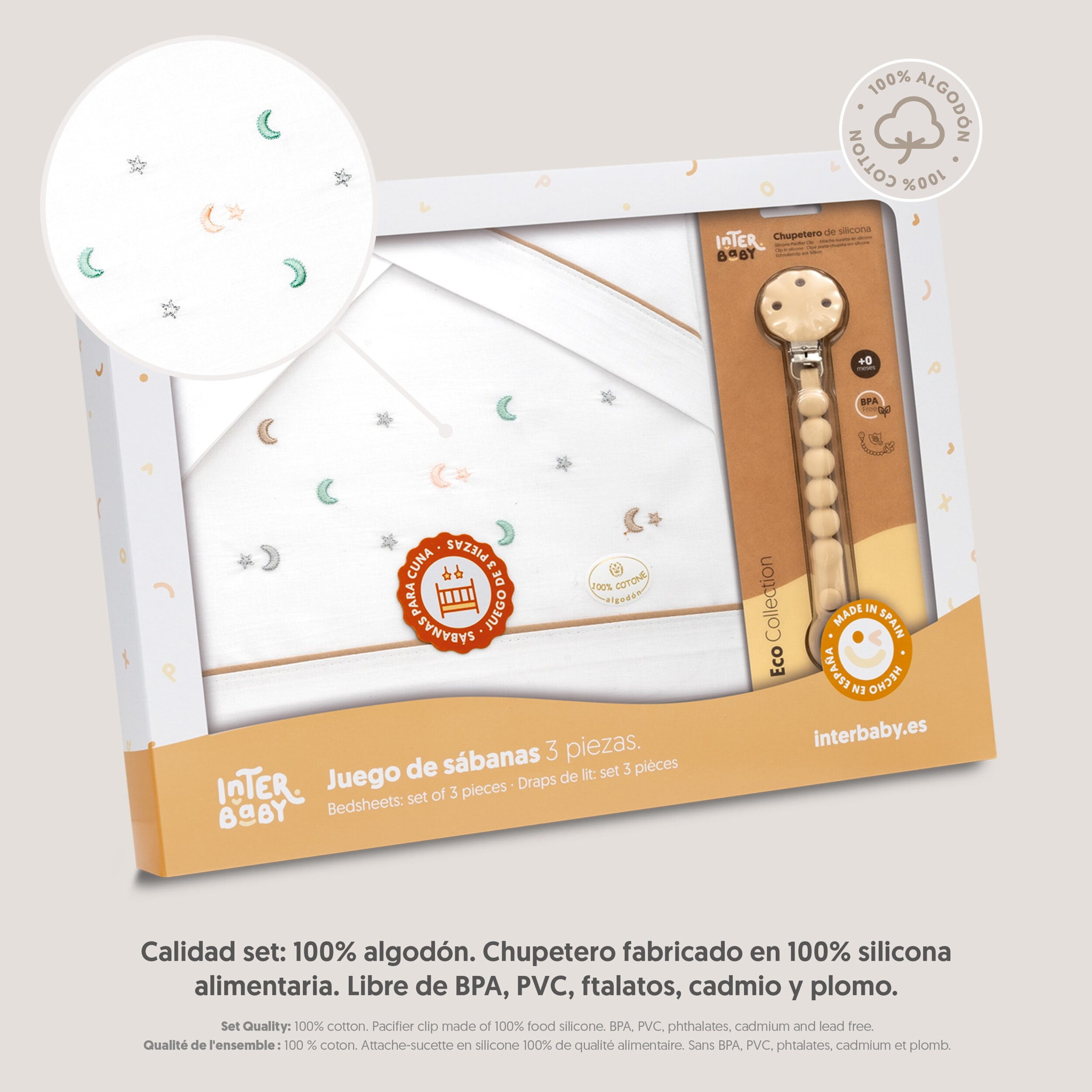 Triptico Cuna Estrella Luna Multicolor + Broche Bco/Beig