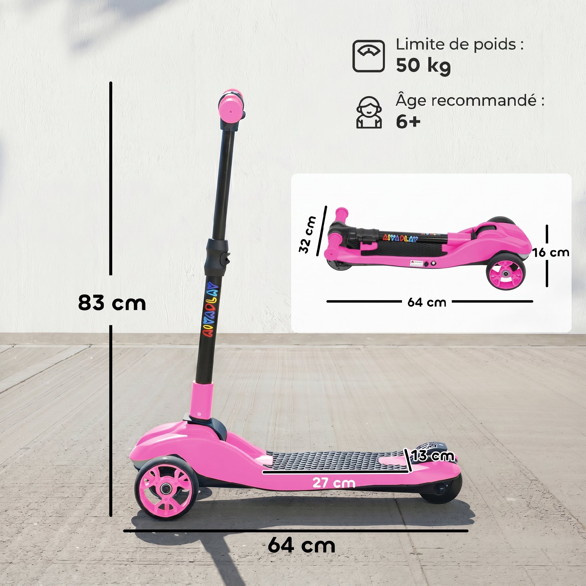 Trottinette électrique enfant pliable 3 roues 8 Km/h max LED rose