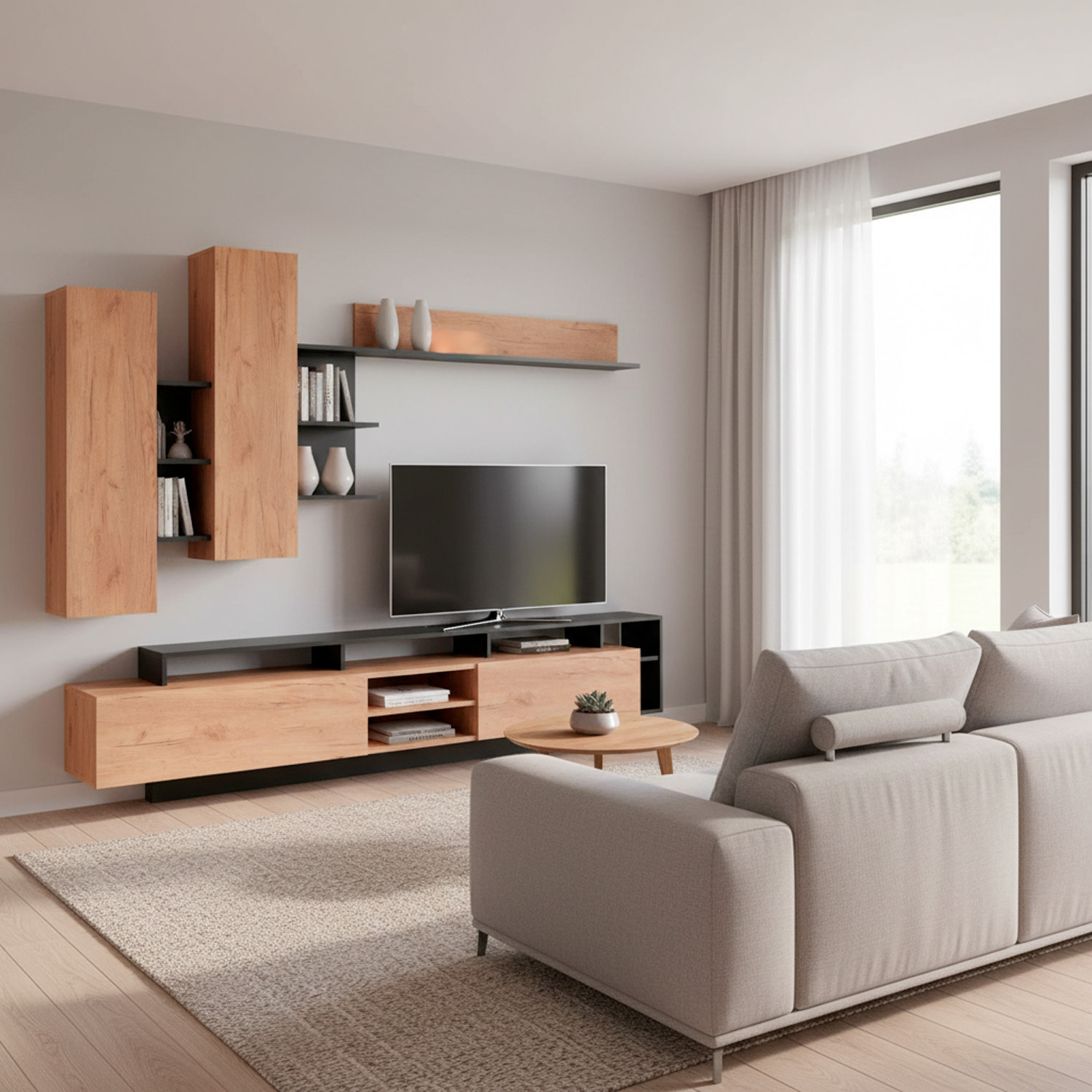 Parete attrezzata mobile da soggiorno mobile da tv moderno  260 x  43.6 x 171.5 cm Rovere e Antracite