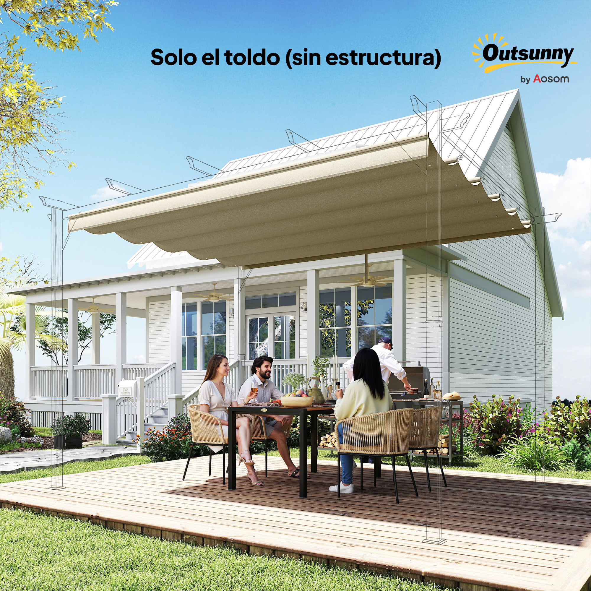 Techo de Pérgola 3,5x2,6 m, Techo de Repuesto Retráctil para Marco de Pérgola de 4x3 m, UV30+, Toldo de Tela Solo para Cenador Jardín con 10 Orificios de Drenaje, Beige