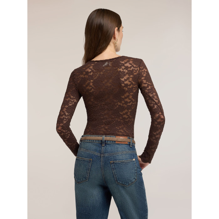 Motivi - T-shirt in pizzo floreale con orlo smerlato - Marrone