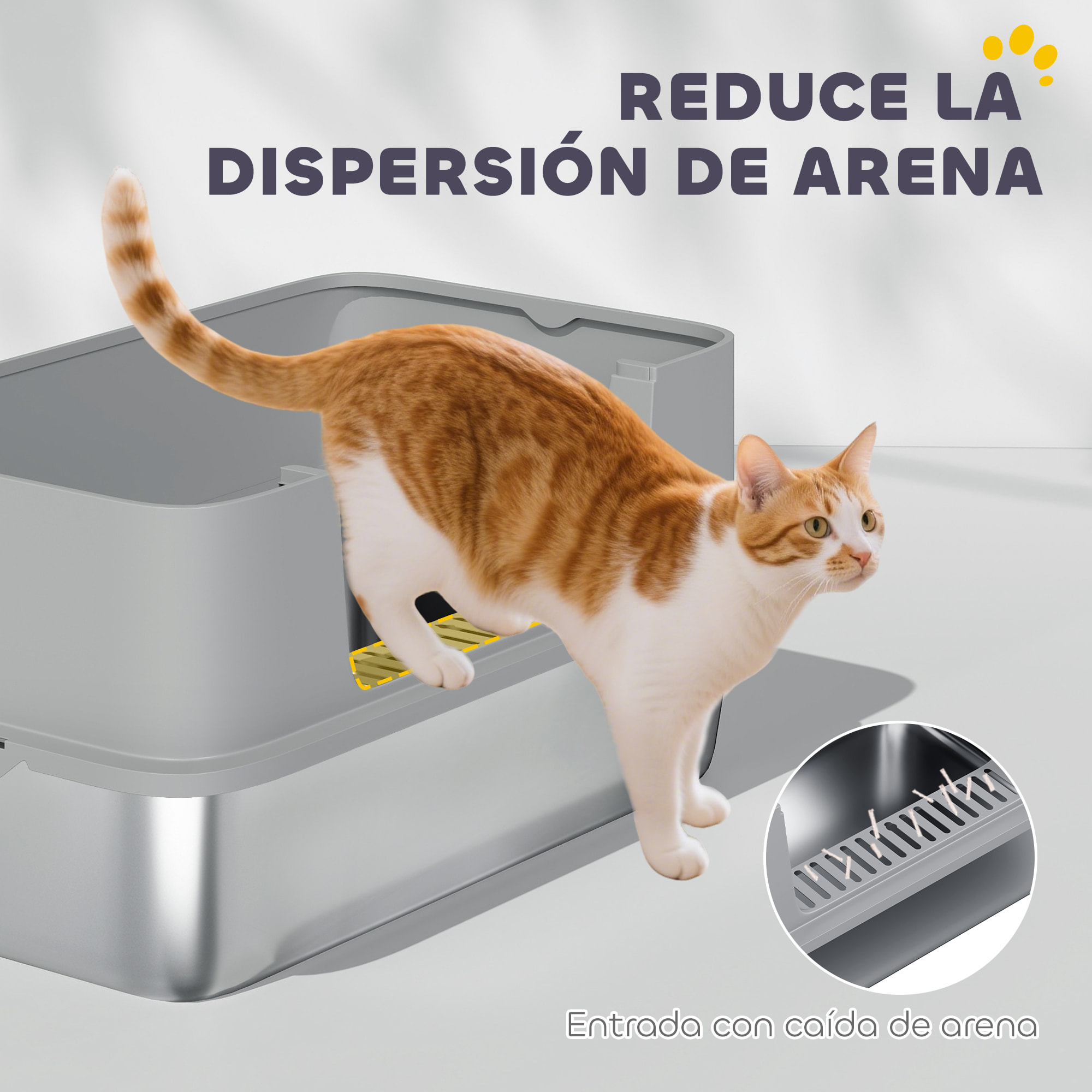 Arenero para Gatos de Acero Inoxidable XL Caja de Arena para Gatos Arenero con Borde Alto Pala Fácil de Limpiar Prueba de Fugas 60x40x29,5 cm Gris