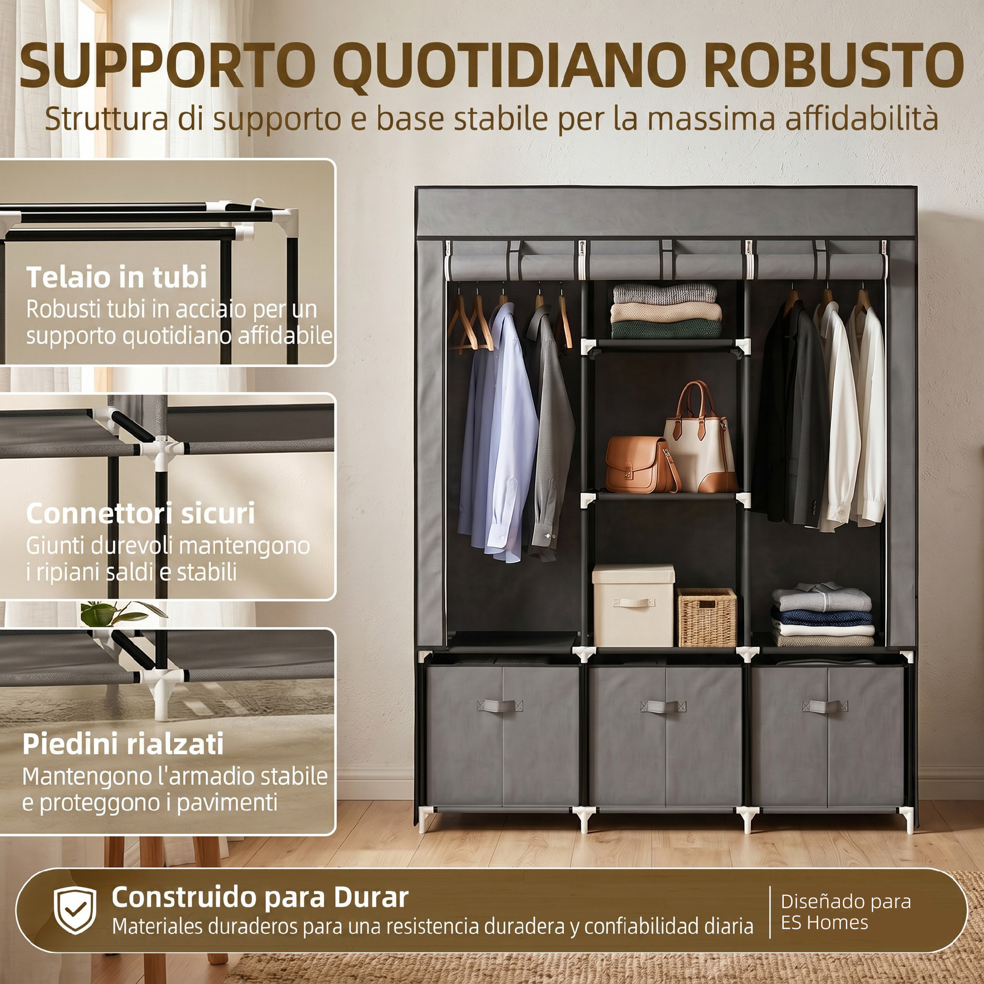 HOMCOM Armario de Tela, Armario Ropero con 2 Barras, 5 Estantes Abiertos, 3 Cajones, Cremallera, Marco de Acero, para Dormitorio, Espacio Pequeño, Vestidor, 125x43x162,5 cm, Gris Oscuro