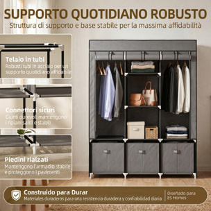 HOMCOM Armario de Tela, Armario Ropero con 2 Barras, 5 Estantes Abiertos, 3 Cajones, Cremallera, Marco de Acero, para Dormitorio, Espacio Pequeño, Vestidor, 125x43x162,5 cm, Gris Oscuro