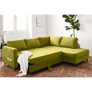 Anna - canapé d'angle droit - 5 places - convertible - en velours - Vert Olive