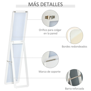 Espejo de Pie Cuerpo Entero Rectangular Espejo de Pared con 2 Formas de Uso Marco de Madera de Pino Moderno para Pasillo Dormitorio Sala de Estar 37x43x156 cm Blanco